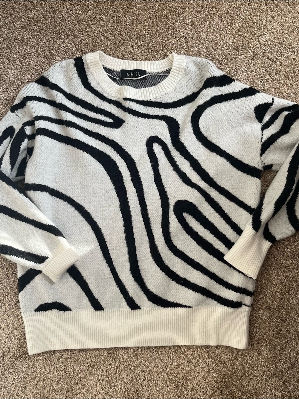 fab'rik Cream and Black Striped Crewneck Sweater
